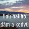 Naplementés tájkép előt felirat a dal szövegéből: "Hali halihó! Vidám a kedvünk" 
